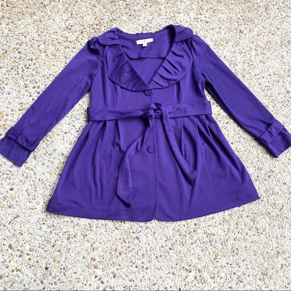 Fever Purple Knit Ruffle Neck Trench Coat Petite Size L - Picture 1 of 11